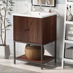 24 in. W x 18.1 in. D x 33.8 in. H Single Bathroom Vanity in Walnut with White Ceramic Top and 2-Soft Close Doors