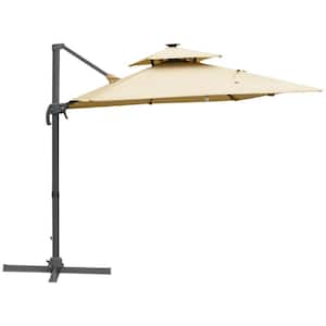 10 ft. Cantilever Patio Umbrella Double Sided Market 360° Rotation Offset with Solar LED Lights, Tilt, in Beige