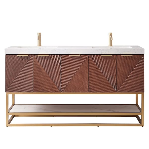 Mahon 60 in.W x 22 in.D x 33.9 in.H Double Sink Bath Vanity in Walnut with White Grain Composite Stone Top