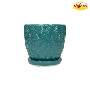 6 in. Colusa Small Teal Leaf Textured Ceramic Planter (6 in. D x 6 in. H) with Drainage Hole and Attached Saucer