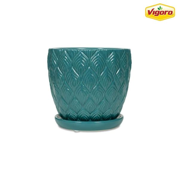 Vigoro 6 in. Colusa Small Teal Leaf Textured Ceramic Planter (6 in. D x 6 in. H) with Drainage Hole and Attached Saucer