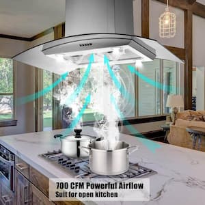 36 in. 900CFM Sliver Ducted Steel Island Mounted Range Hood Touch Control Tempered Glass w/LED Lights.