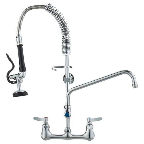 Wall-Mounted Kitchen Faucet, 25 in. Tall, 8 in. Center Distance, 12 in. Rotatable Spout, Includes Pre-Rinse Spray