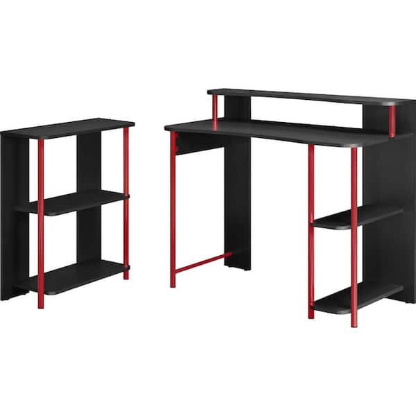 Altra Furniture Computer Desk and 5-Shelf Bookcase Set in Red and Black