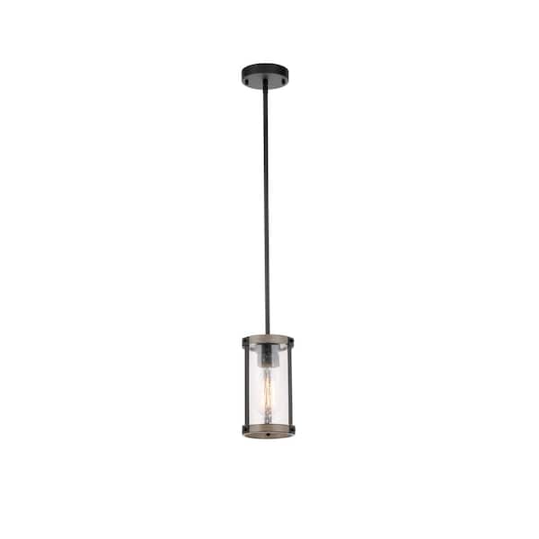 Hampton Bay Collier 1-Light Black and Gray Wood Outdoor Mini Pendant Light with Clear Seeded Glass