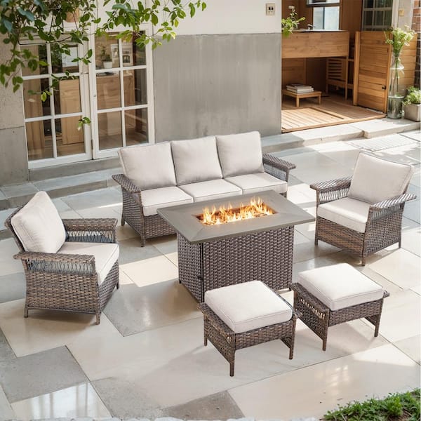 Opohoro Brown 6-Piece Wicker Outdoor Patio Rectangular Fire Pit Conversation Set, Sofa Seating Set with Beige Cushions