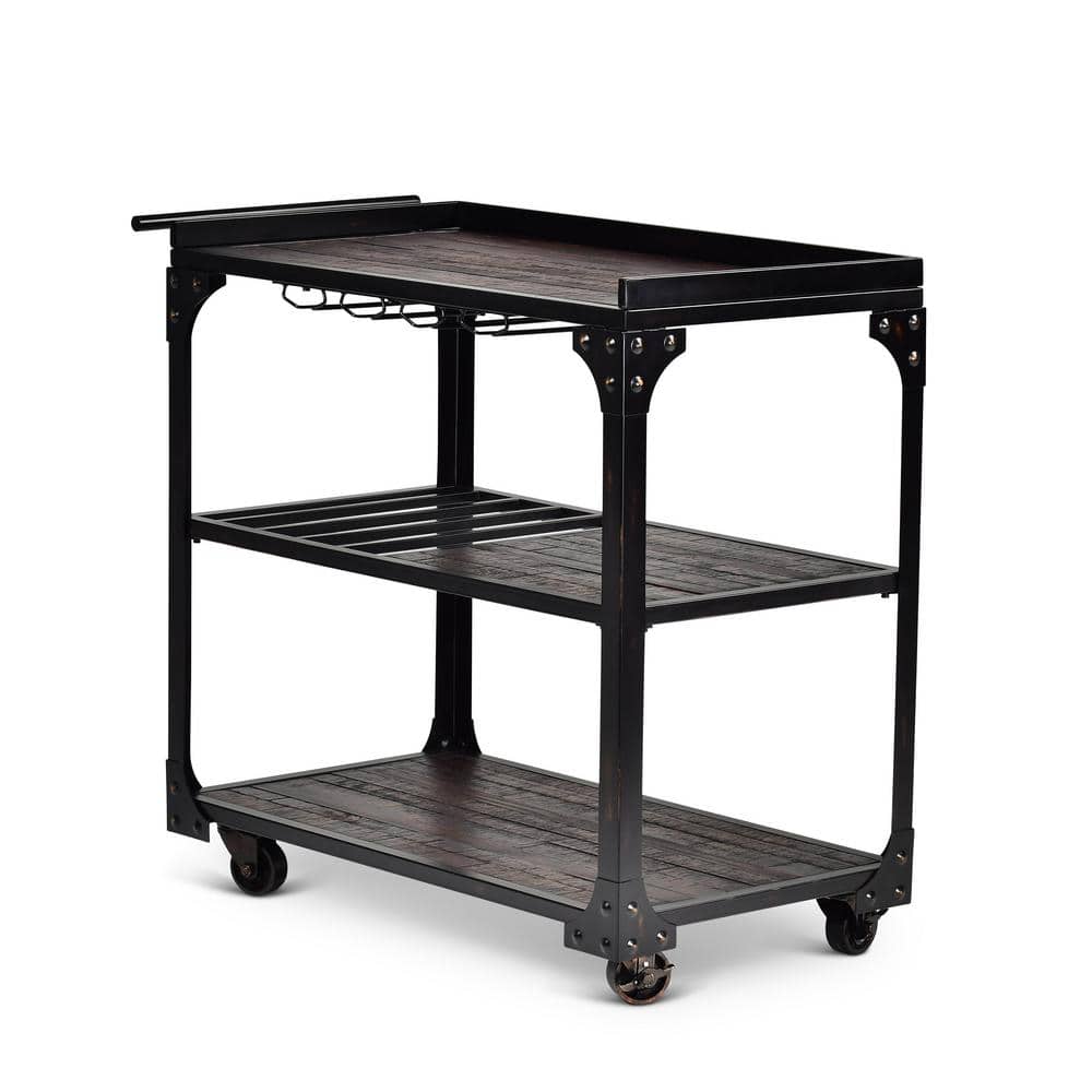 Rustic Black and Brown Wood Server Cart with Wine Rack