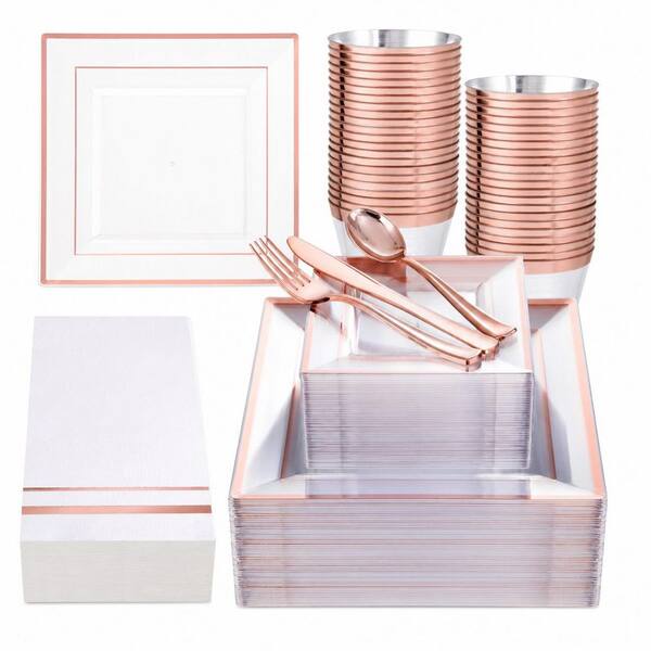Rose Gold Disposable Plastic Dinnerware Set for 50 Guests, 350 Pieces, Clear Plates, Cups, Cutlery, and Napkins