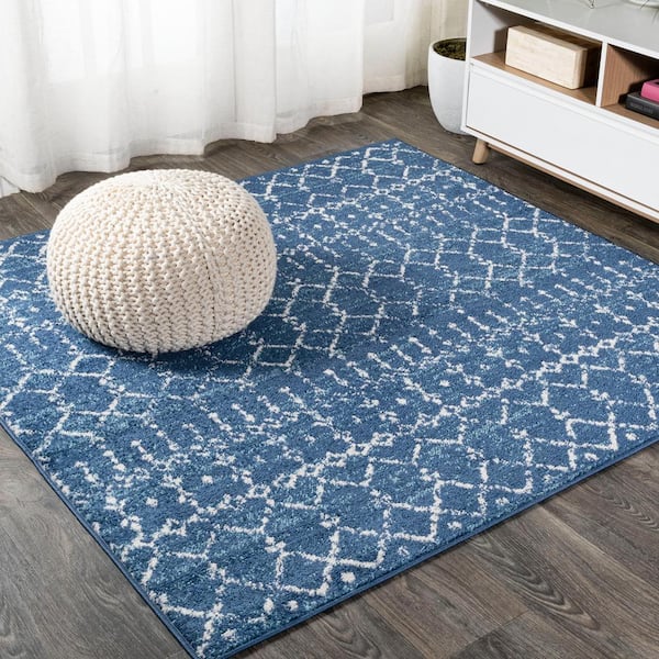 Moroccan Hype Boho Vintage Diamond Blue/White 5 ft. x 5 ft. Square Area Rug