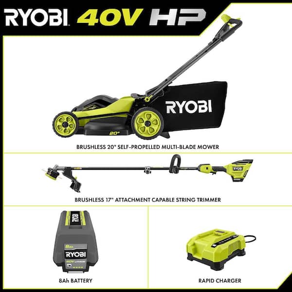 40V HP Brushless 20" Cordless Multi-Blade Walk Behind Self-Propelled Mower w/ String Trimmer, 8. 0Ah Battery & Charger