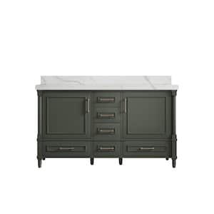 Hudson 60 in. W x 22 in. D x 36 in. H Double Sink Bath Vanity in Pewter Green with 2 in Calacatta Quartz Top