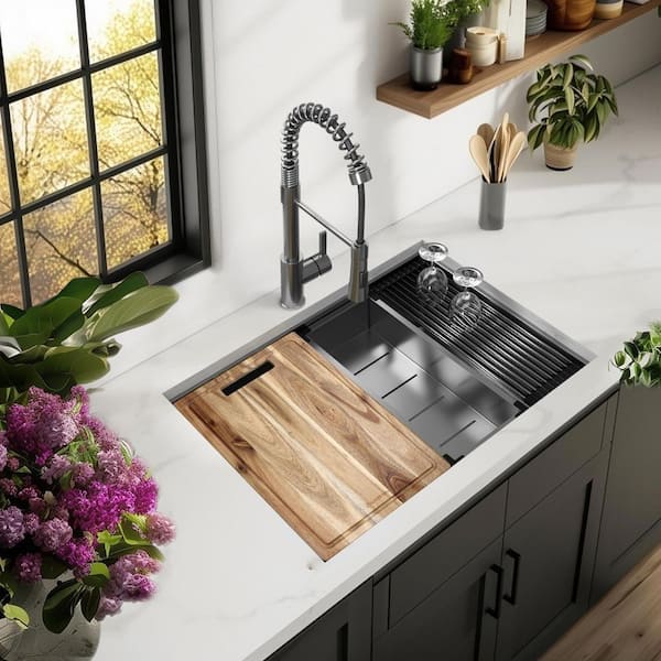 27 in. Undermount Single Bowl 18 Gauge Gunmetal Black Stainless Steel Workstation Kitchen Sink with Spring Neck Faucet