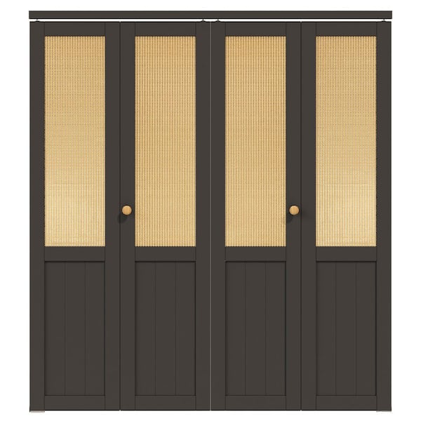 72 in. x 80 in. Half Paneled Solid Core Black Finished MDF Wood and Imitated Rattan Weaving Bi-Fold Door with Hardware