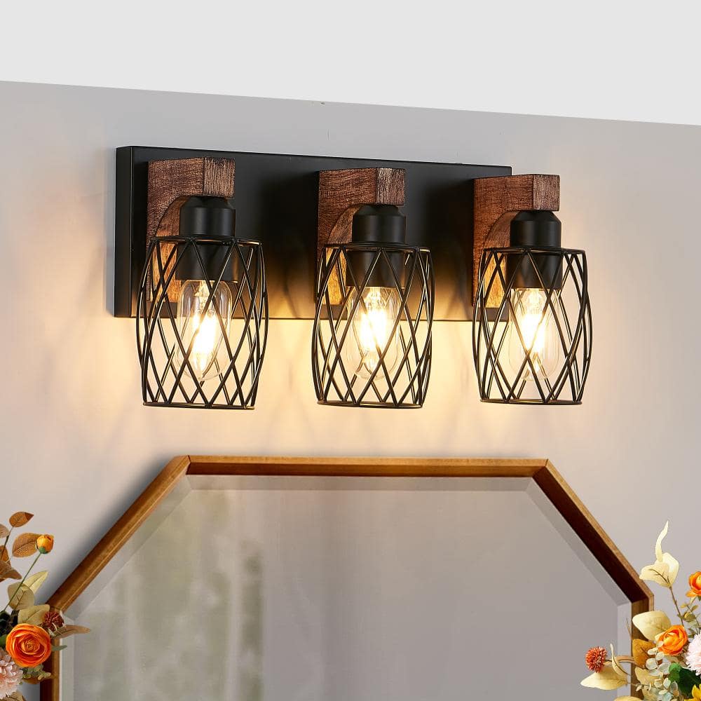 18 in. 3-Light Matte Black Vanity Light, Industrial Walnut Wood Wall Sconce, Wire Cage (Bulb Not Included) price history on PriceWatchPro