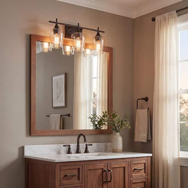 Octave 21 in. W x 9 in. H 3-Light English Bronze Bathroom Vanity Light with Clear Glass Shades