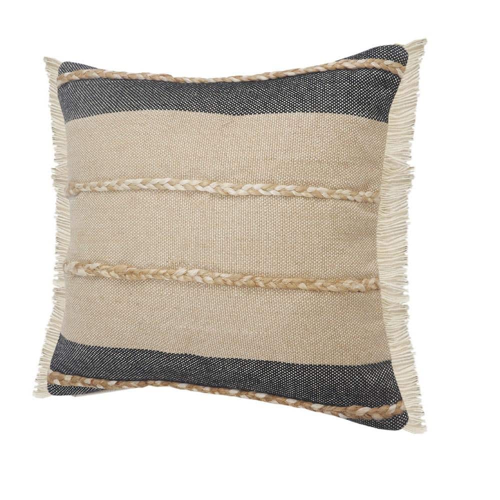 Atlantis Black and Taupe Jute Braided Square Throw Pillow