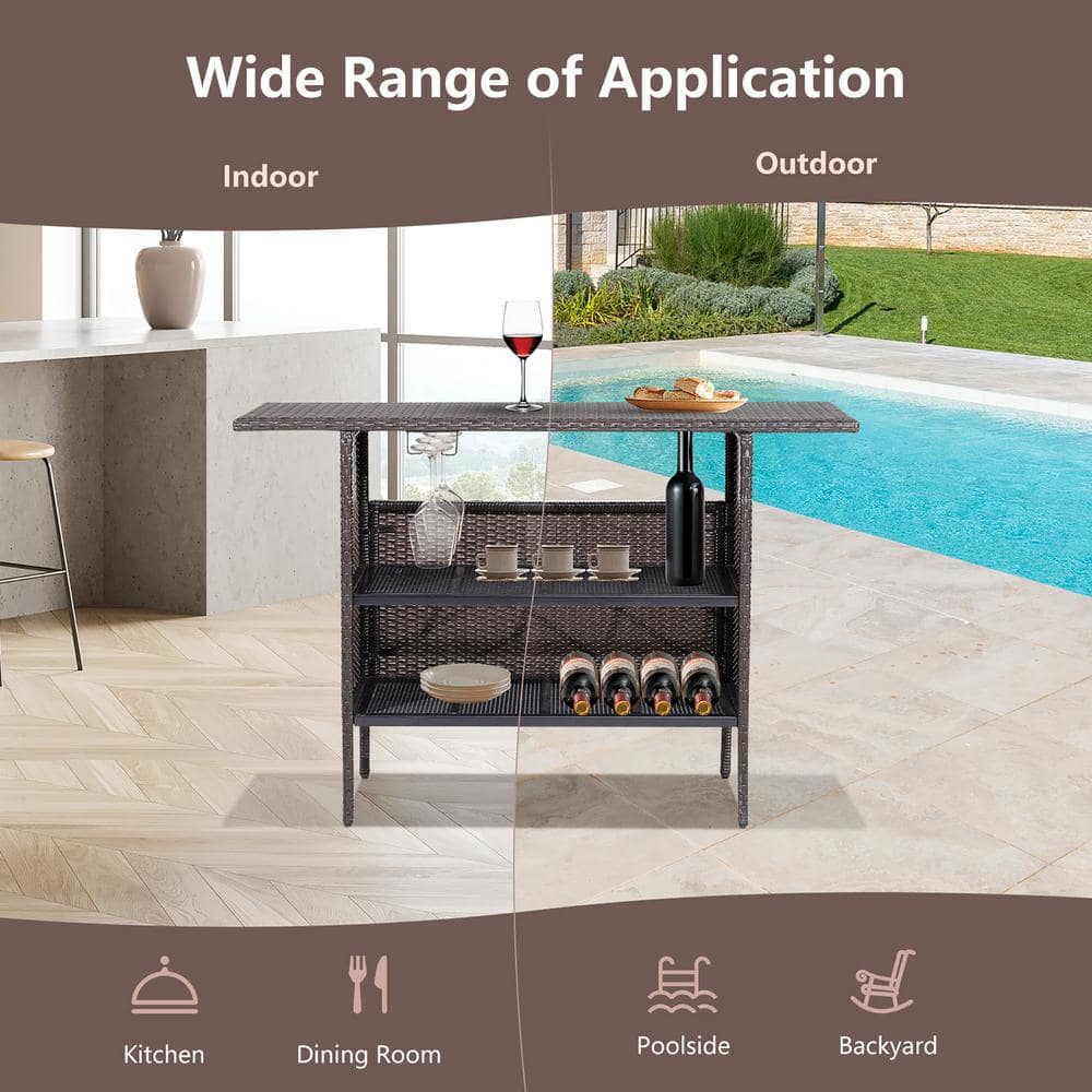 Brown Steel and Wicker Outdoor Bar Table with Shelves