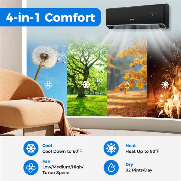 18000 BTU 1.5 Ton Wi-Fi Enabled Mini Split Air Conditioner and Heater with Heat Pump Black