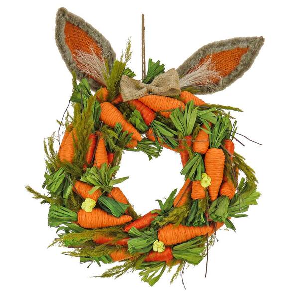 Burlap Carrots & Green Wooden Curl Accent Burlap 14" Wreath Natural Gardening