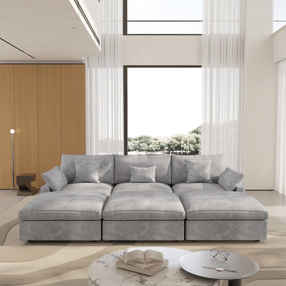 155.9 in. Slope Arm 6-Piece Linen Deep Seat U-Shaped Free Combination Sectional Sofa with Removable Covers in. Gray