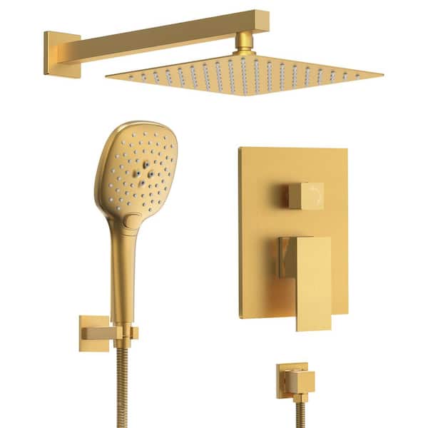 GRANDJOY Pressure Balance 2-Spray Wall Mount 10 in. Fixed and Handheld Shower Head 2.5 GPM in Brushed Gold Valve Included