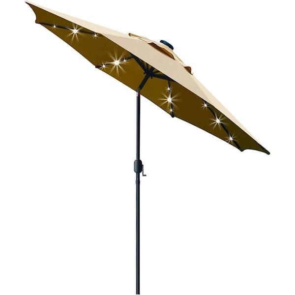Dyiom 9 ft. Solar LED Lighted Patio Umbrella with 8 Ribs/Tilt Adjustment and Crank Lift System in Light Tan, Beach Word