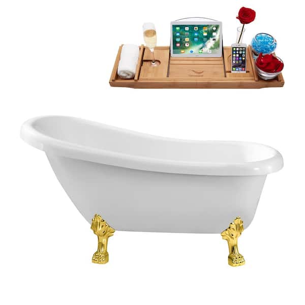 Streamline 61 in. Acrylic Clawfoot Non-Whirlpool Bathtub in Glossy White With Polished Gold Clawfeet And Matte Black Drain