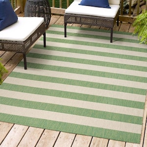 Negril Two-Tone Wide Stripe Green/Cream 3 ft. x 5 ft. Indoor/Outdoor Area Rug