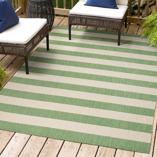 Negril 2-Tone Wide Stripe Green/Cream 8 ft. x 10 ft. Indoor/Outdoor Area Rug