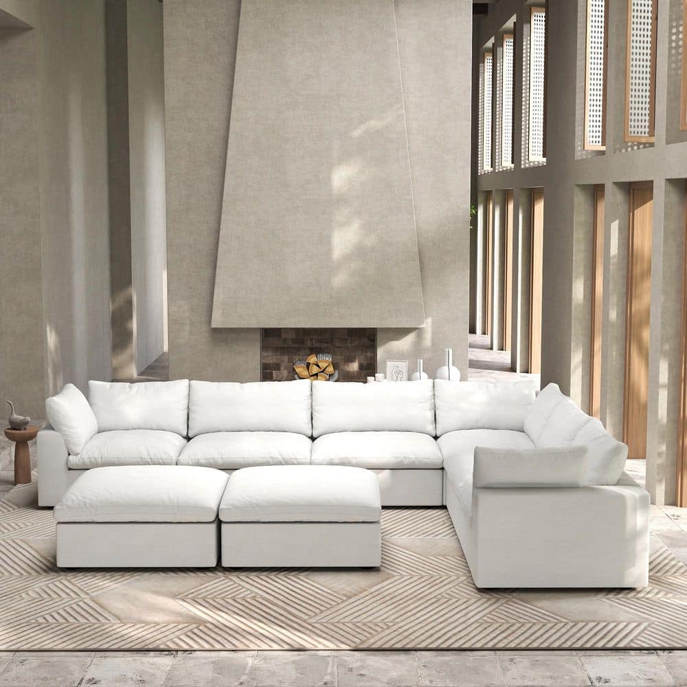 157.32 Square Arm Linen 8-Piece Free Combination Modular Sectional Sofa with 2 Storage Ottomans in. White