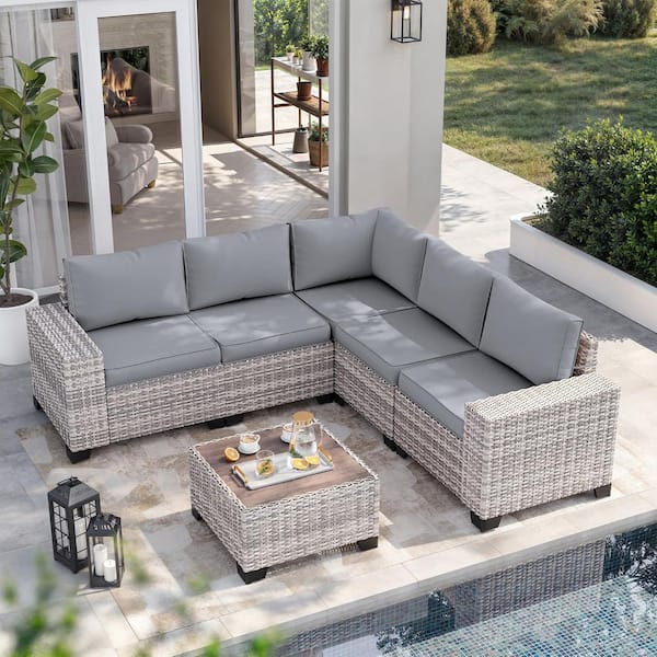 muphyers 6-Piece Wicker Outdoor Sectional Set Sofa Couch with Grey Cushions