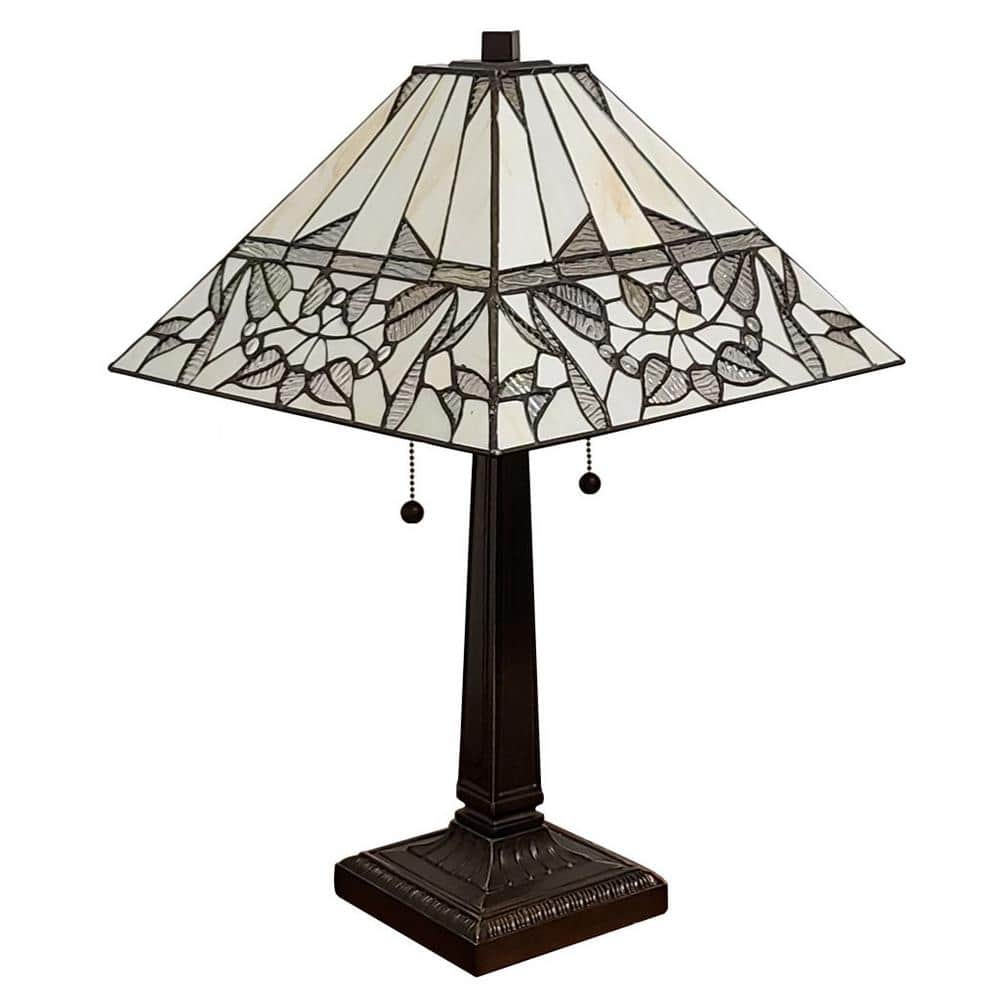 Ivory and Brown Stained Glass Tiffany Style Table Lamp