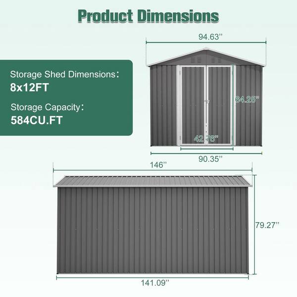 12 ft. W x 8 ft. D Metal Tool Shed with Aluminum Frame and