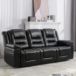 84.2 in. W Square Arm Rectangle Faux Leather Reclining Sofa in Black, Home Theater Sofa with Console and 2 Cup Holders