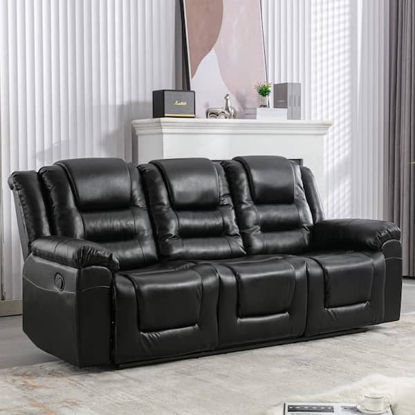 Merax 84.2 in. W Square Arm Rectangle Faux Leather Reclining Sofa in Black, Home Theater Sofa with Console and 2 Cup Holders