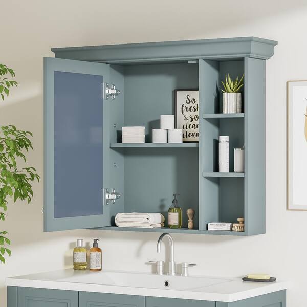 Tileon 35.50 in. W x 28.74 in. H Rectangular MDF Medicine Cabinet with Mirror, Storage Cabinet with 6 Open Shelves-Blue