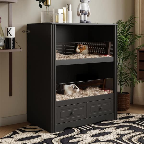 Large Hamster Cage with Storage Cabinet, 2-Tier Small Animals Cages Habitats, Animal House for Rat, Hedgehog, Gerbil