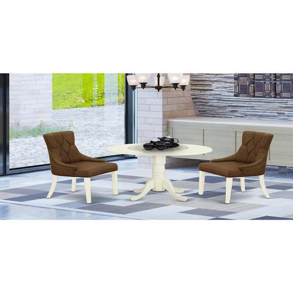 East West Furniture 3-Piece Linen white Solid Wood Top - Round Dining Room Set with Dropleaf - Seats 4