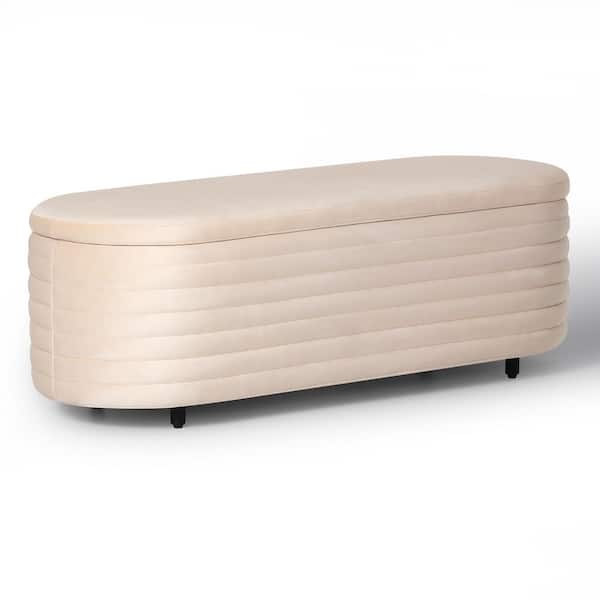Farrah 54 in. Wide Oval Velvet Upholstered Entryway Flip Top Storage Bedroom Accent Bench in Tan