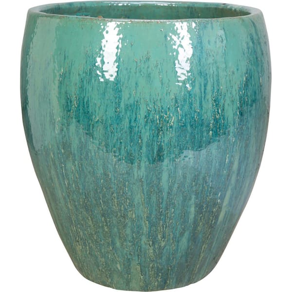 Unbranded 14 in. Caribbean Blue Ceramic Top Cut Planter
