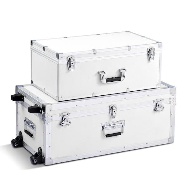 Set of 2 Metal Storage Trunks, Wooden Boxes with 30.04 in. White Backpack with Casters & 3 Handles, Decorative Chest