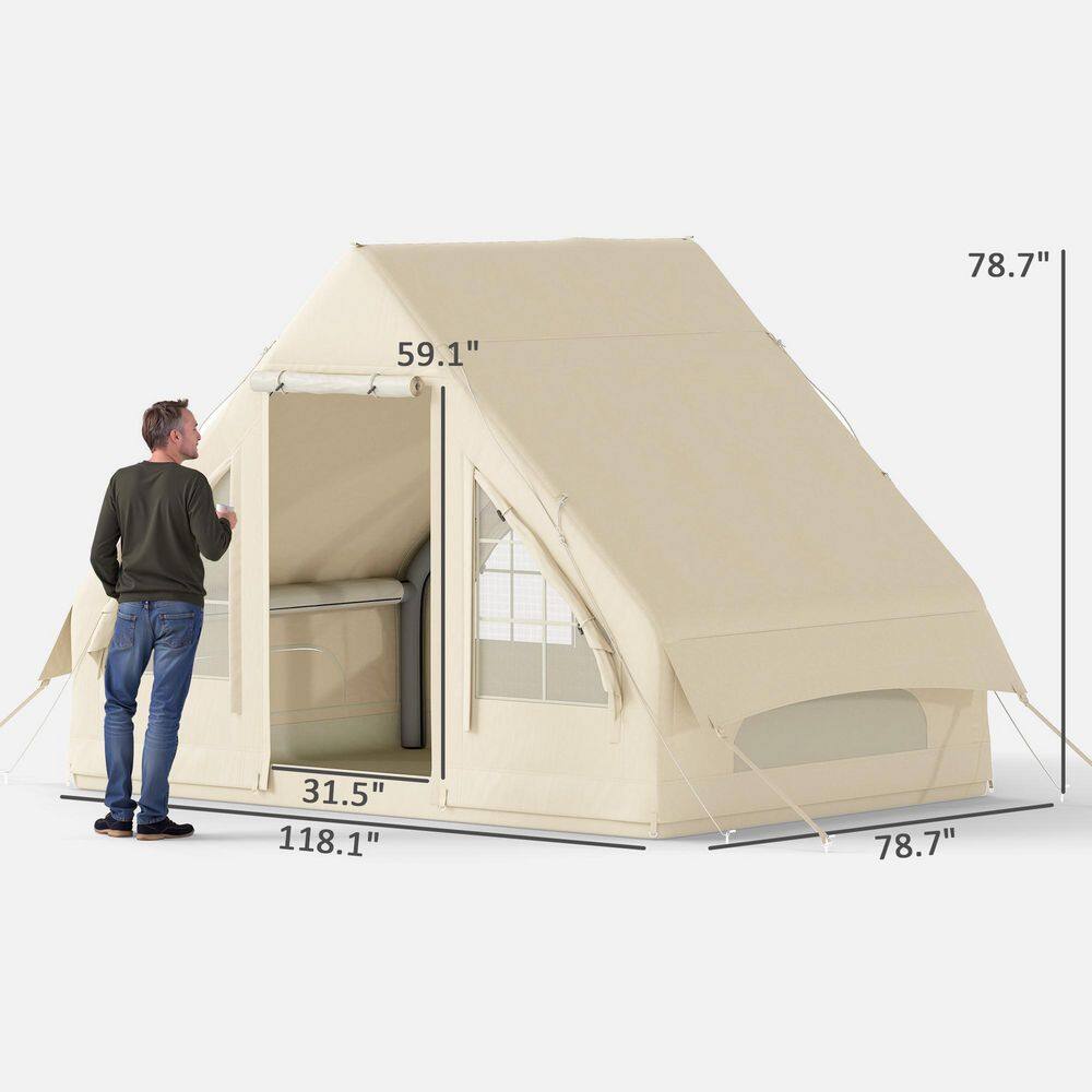 White Inflatable 3-Person Cabin Tent with Mesh Windows and Doors