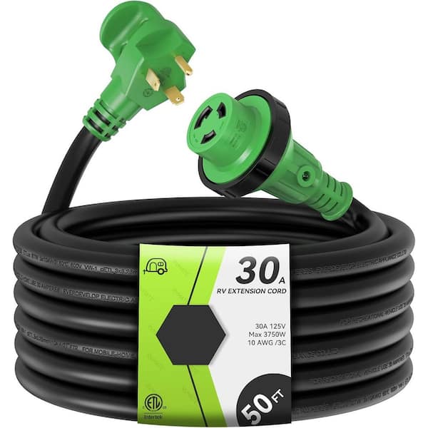 50 ft. 10 / 3 STW 30 Amp 125-Volts Rv Marine Extension Cord with Easy Plug-in Handle, TT-30P to L5-30R, LED Indicator