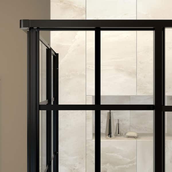 French Corner 42 in. x 72 in. Semi-Frameless Sliding Shower Door in Satin Black with 42 in. x 42 in. Base in Black