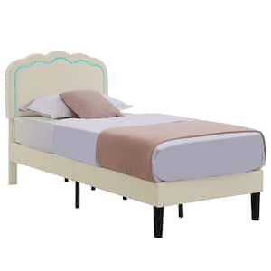 Upholstered Bed Beige Metal Frame Twin Platform Bed with Adjustable Charging Station Headboard and LED Lights Bed Frame