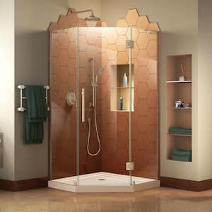 Prism Plus 40 in. x 40 in. x 74.75 in. Semi-Frameless Neo-Angle Hinged Shower Enclosure in Brushed Nickel with Base