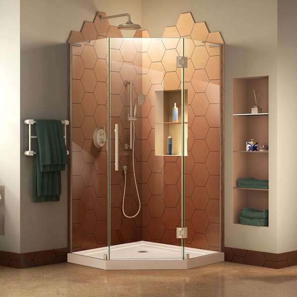 DreamLine Prism Plus 40 in. x 40 in. x 74.75 in. Semi-Frameless Neo-Angle Hinged Shower Enclosure in Brushed Nickel with Base