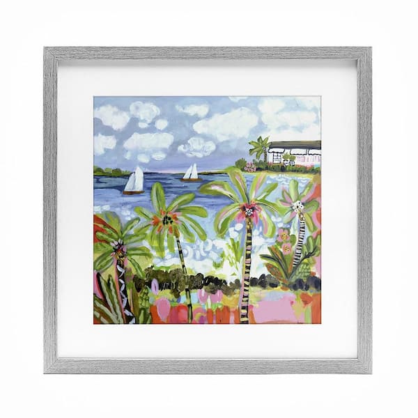 Palm Trees in Bright Sun by Karen Fields 1 Piece Gray Under Glass Framed Coastal Graphic Art Print 16 in. x 16 in.