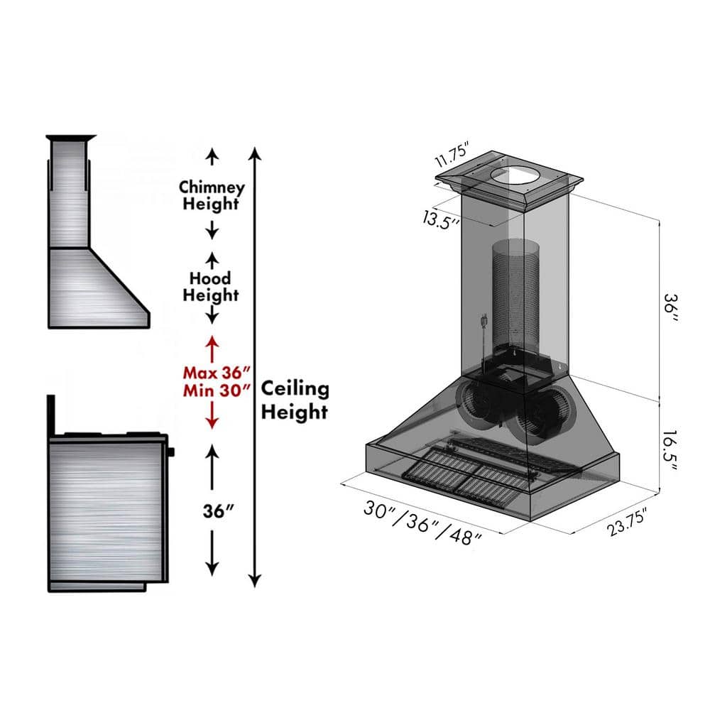 30" Black Stainless Steel Convertible Wall Mount Range Hood