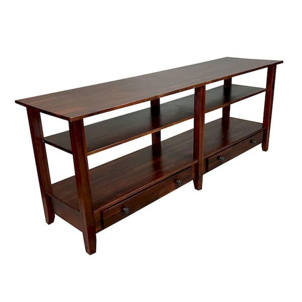 Unbranded Acacia Wood Mahogany Finish TV Stand Fits up to 75 in. TV with Shelf and Drawers